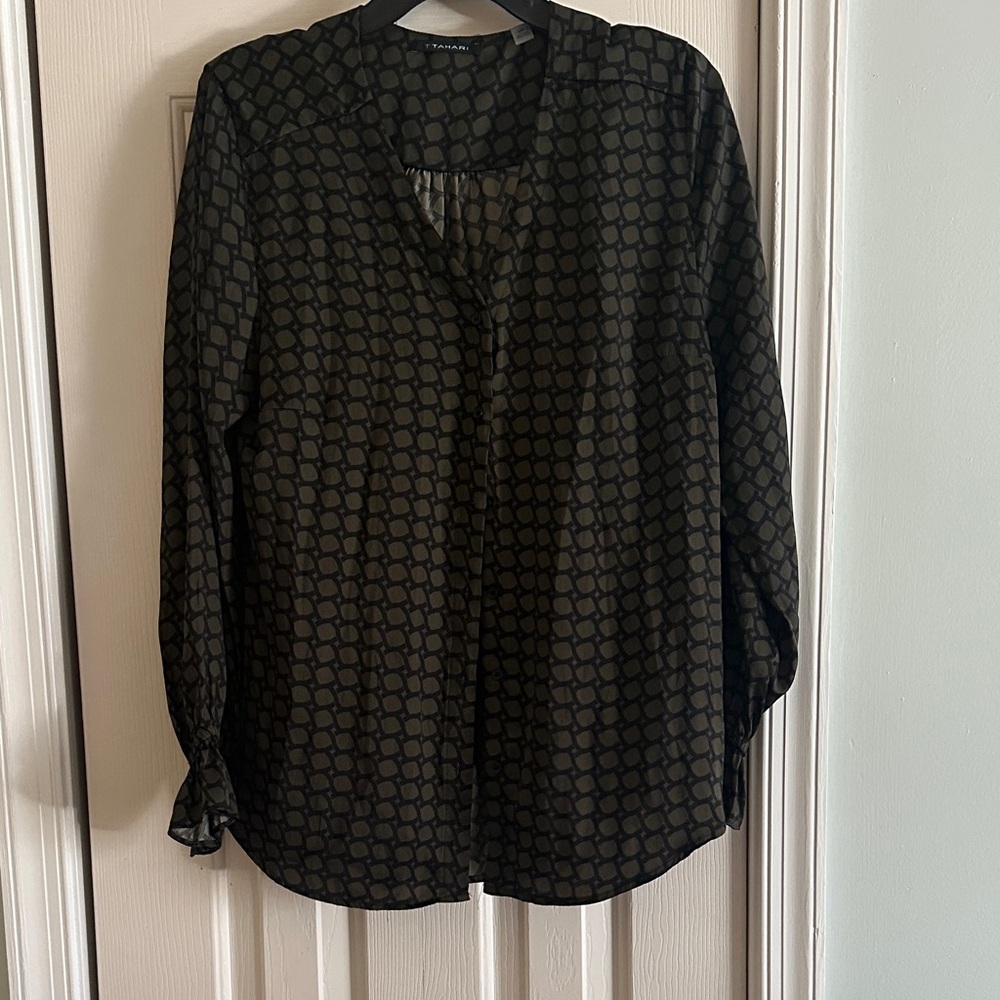 Tahari Black and Olive Geometric Blouse